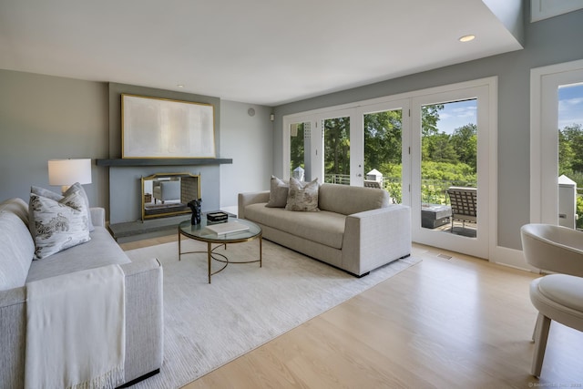 living room featuring french doors and light hardwood / wood-style flooring