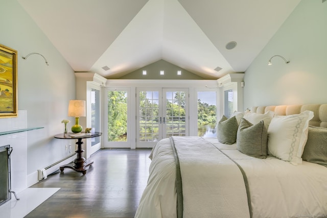 bedroom featuring a baseboard radiator, lofted ceiling, dark hardwood / wood-style flooring, french doors, and access to exterior