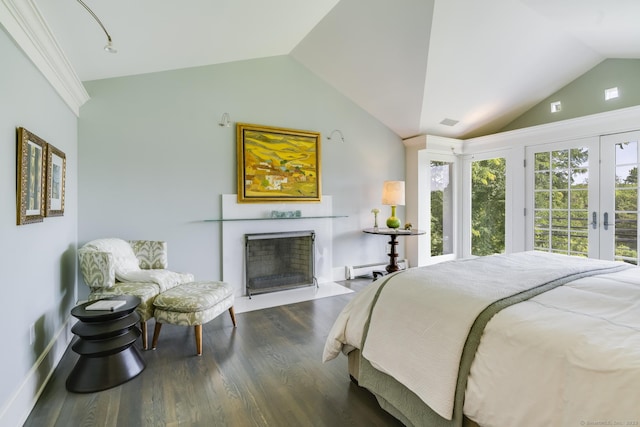 bedroom with baseboard heating, dark hardwood / wood-style flooring, lofted ceiling, and access to outside