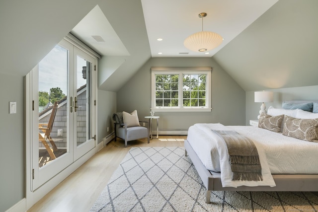 bedroom with access to exterior, multiple windows, baseboard heating, and lofted ceiling