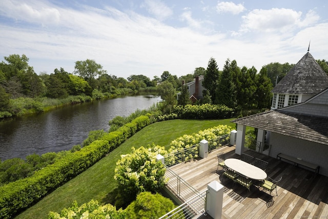 deck featuring a water view and a yard