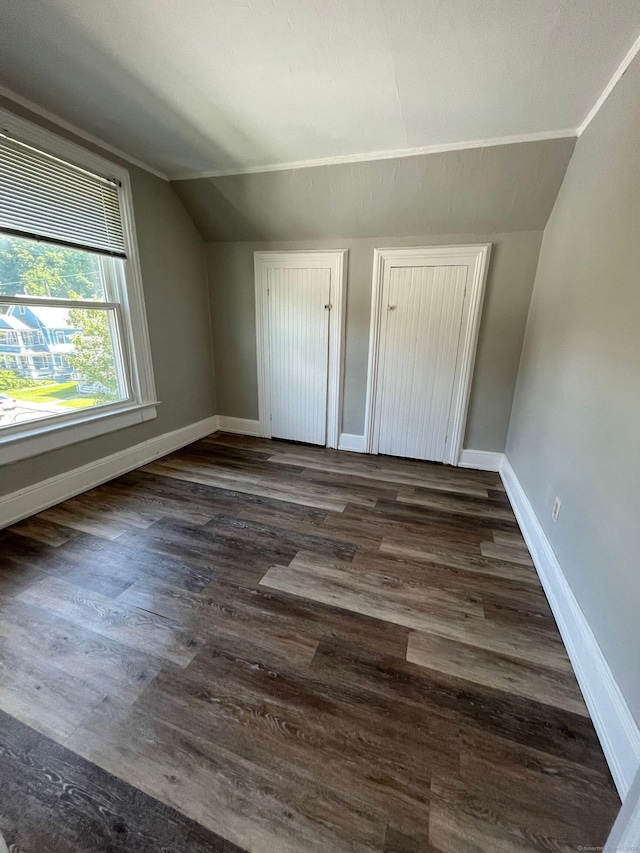 additional living space featuring baseboards, lofted ceiling, and wood finished floors