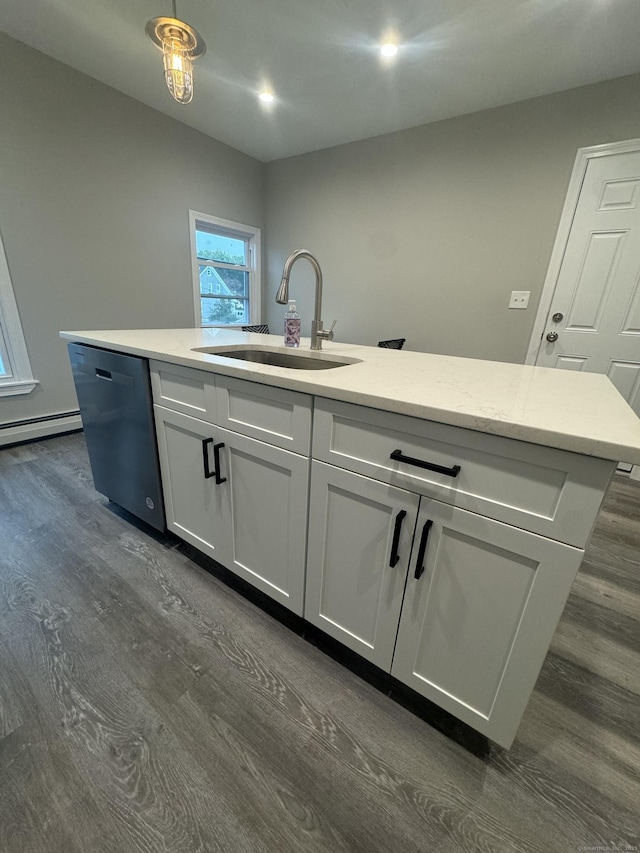 kitchen featuring a sink, dark wood finished floors, white cabinetry, light stone countertops, and dishwasher