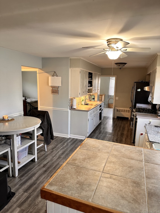 kitchen featuring ceiling fan, white cabinetry, and dark hardwood / wood-style flooring