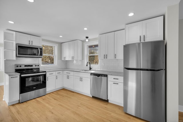 kitchen featuring white cabinetry, appliances with stainless steel finishes, backsplash, light hardwood / wood-style flooring, and sink