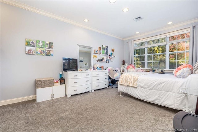 carpeted bedroom with ornamental molding