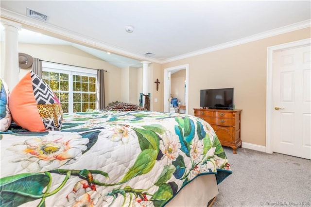 carpeted bedroom with lofted ceiling, ornamental molding, and ornate columns