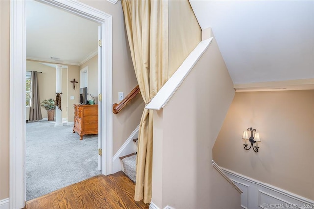 stairs with ornamental molding and wood-type flooring