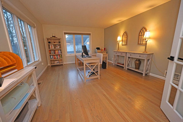 office with plenty of natural light and light hardwood / wood-style flooring