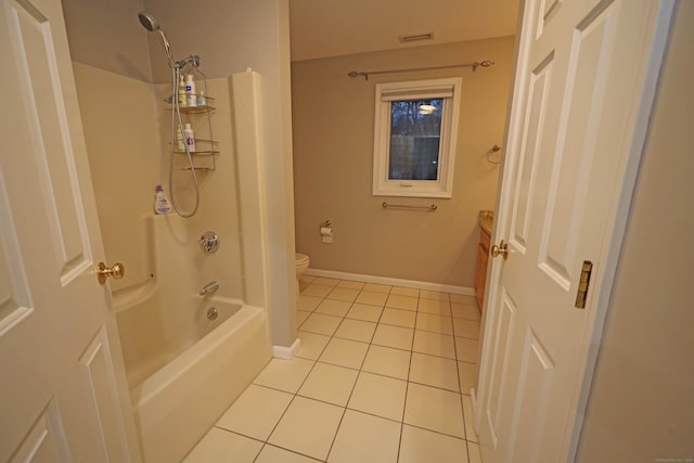 full bathroom with toilet, tile patterned flooring, vanity, and shower / bathing tub combination