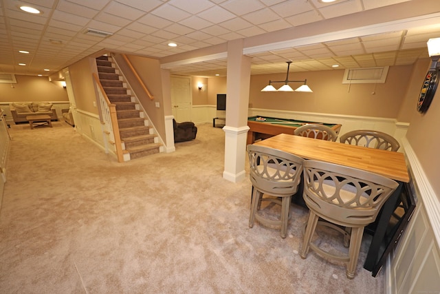 dining space with light carpet