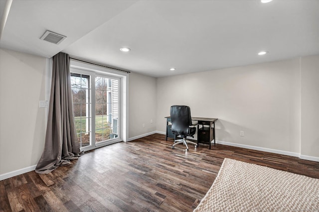 office area with dark hardwood / wood-style flooring