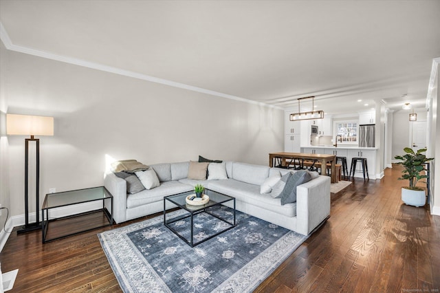 living room featuring sink, dark hardwood / wood-style floors, and crown molding