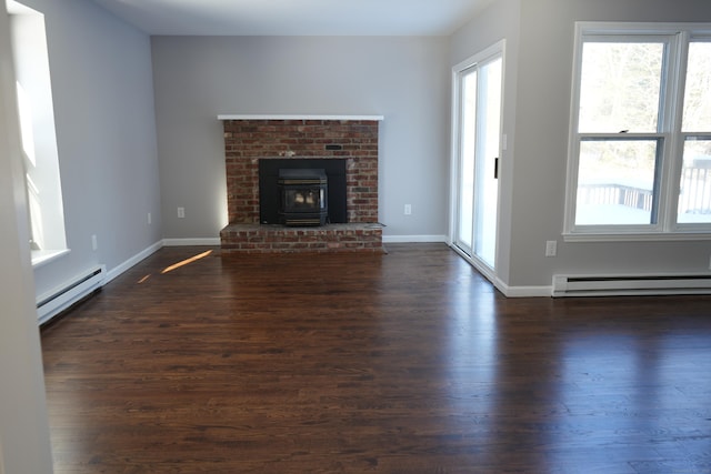 unfurnished living room with a wood stove, baseboard heating, and dark hardwood / wood-style flooring