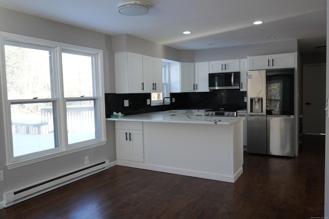 kitchen with appliances with stainless steel finishes, white cabinetry, a baseboard heating unit, kitchen peninsula, and dark hardwood / wood-style floors