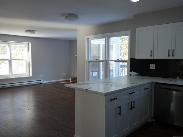 kitchen with kitchen peninsula, a baseboard heating unit, dishwashing machine, white cabinets, and decorative backsplash