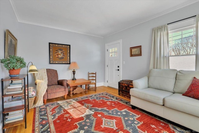 living room featuring hardwood / wood-style flooring and ornamental molding