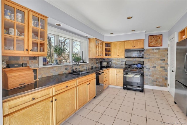 kitchen with sink, backsplash, light tile patterned floors, black appliances, and crown molding