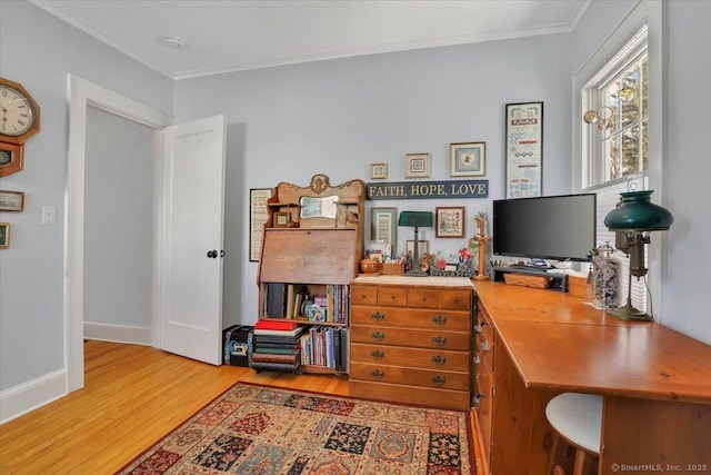 home office with ornamental molding and light hardwood / wood-style flooring