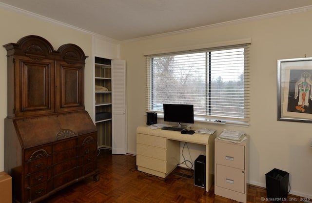 office featuring ornamental molding and dark parquet floors