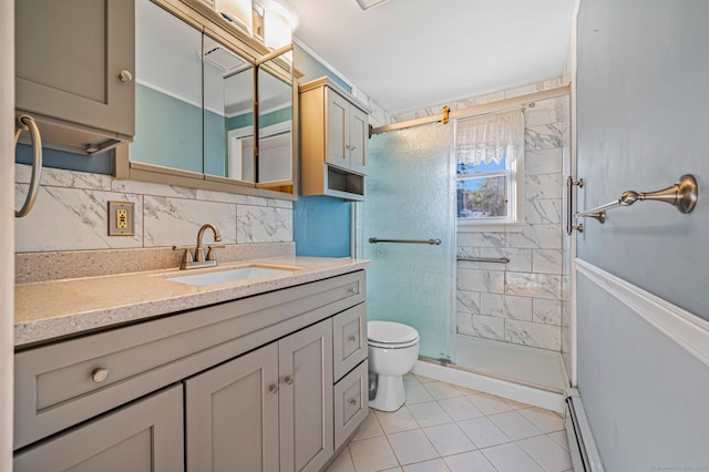 bathroom with a shower with shower door, toilet, a baseboard radiator, decorative backsplash, and vanity