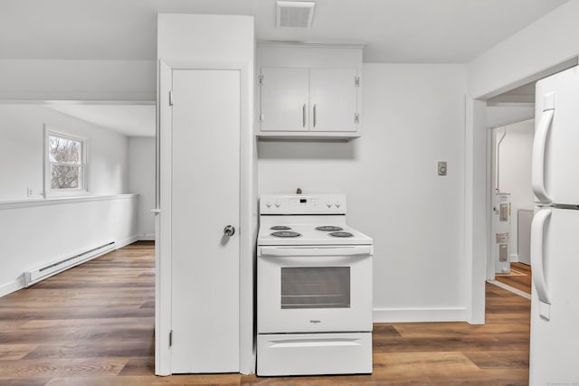 kitchen with dark wood-type flooring, white appliances, a baseboard heating unit, and white cabinets