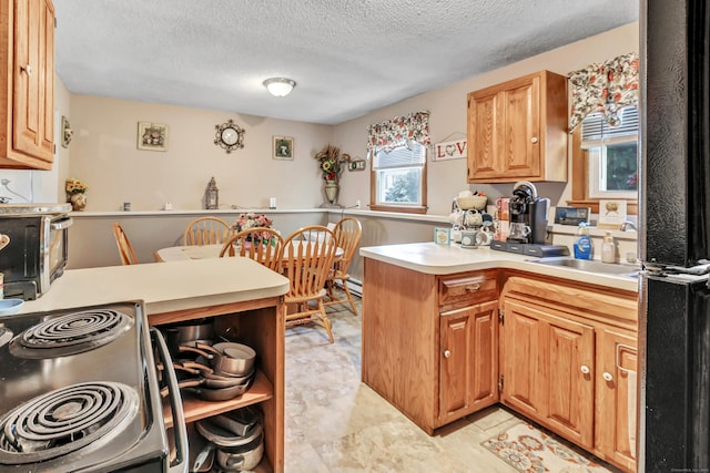 kitchen with electric range oven, kitchen peninsula, sink, and a textured ceiling