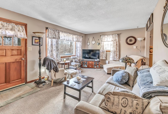 carpeted living room featuring a textured ceiling