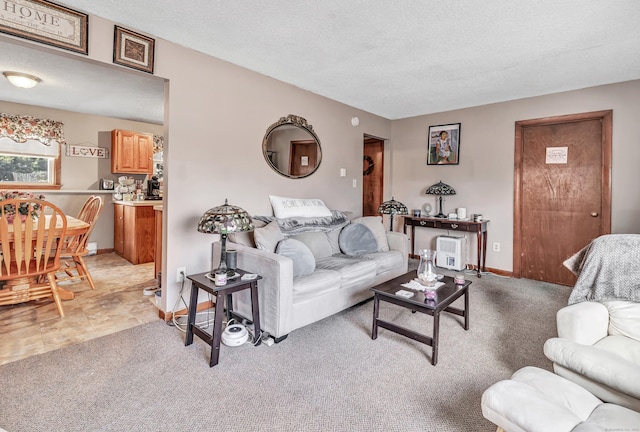 carpeted living room with a textured ceiling