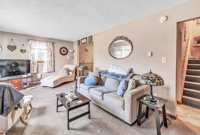 carpeted living room featuring a textured ceiling