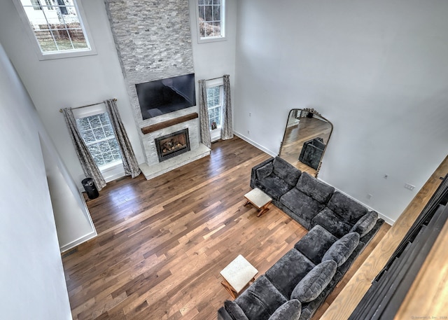 living room featuring dark wood-type flooring and a fireplace