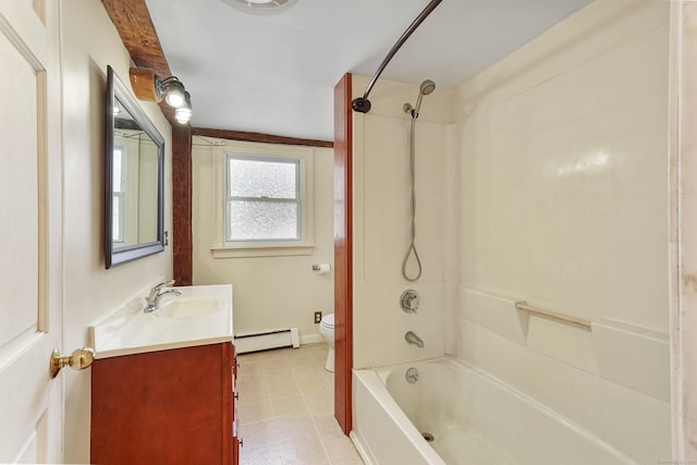 full bathroom with vanity, a baseboard radiator, shower / tub combination, and toilet