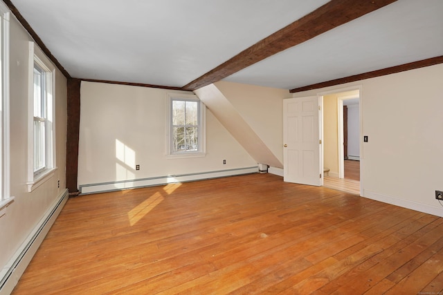 unfurnished room with a baseboard radiator and light wood-type flooring