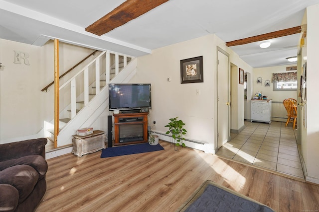 living room with beam ceiling, light hardwood / wood-style floors, and baseboard heating