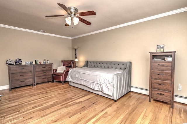 bedroom featuring crown molding, a baseboard radiator, light wood-type flooring, and ceiling fan