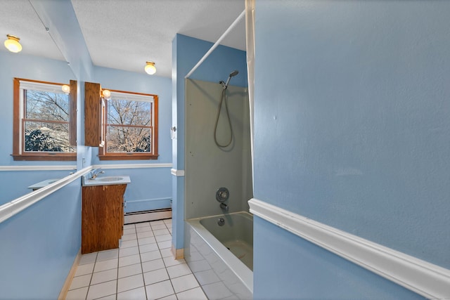 bathroom with a baseboard radiator, a textured ceiling, shower / tub combination, tile patterned floors, and vanity