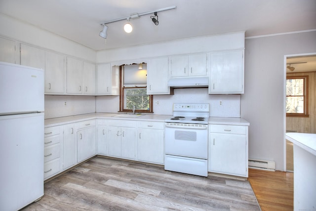 kitchen with a baseboard radiator, white appliances, white cabinets, and sink