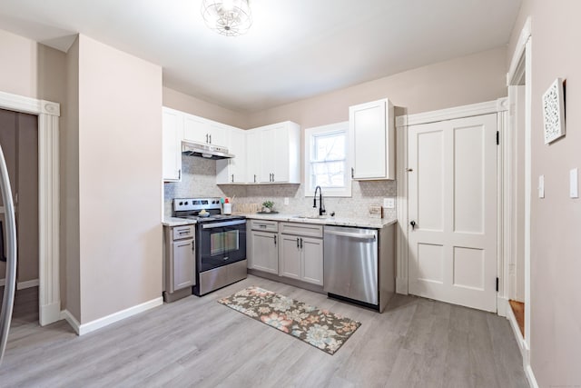 kitchen featuring light wood-type flooring, stainless steel appliances, white cabinetry, and sink