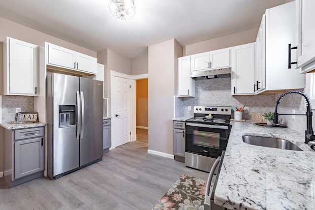 kitchen featuring light stone counters, sink, white cabinets, and appliances with stainless steel finishes