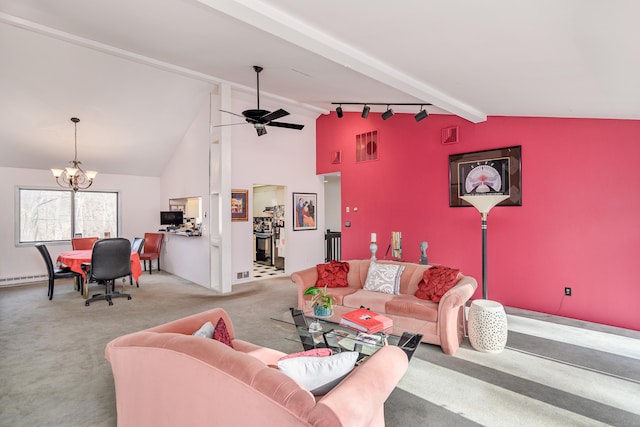 living room with light carpet, rail lighting, ceiling fan with notable chandelier, and vaulted ceiling with beams