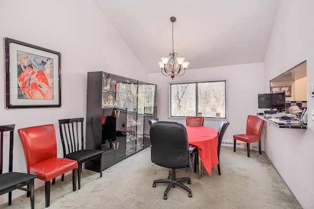 carpeted office featuring a baseboard heating unit, a chandelier, and high vaulted ceiling