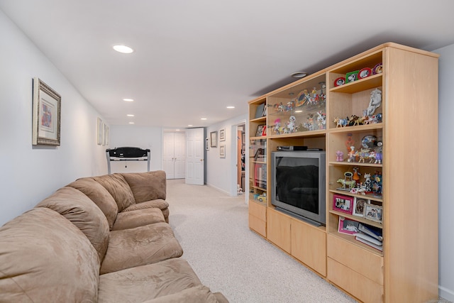 living room with light colored carpet