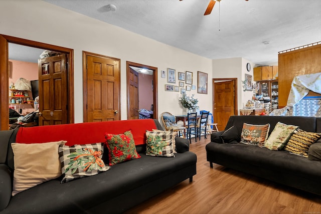 living room featuring ceiling fan, light hardwood / wood-style floors, and a textured ceiling