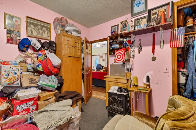 misc room featuring carpet floors and a textured ceiling