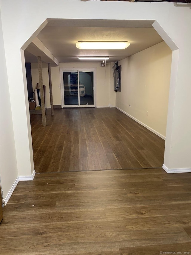 interior space with dark hardwood / wood-style flooring and electric panel