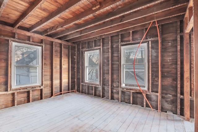 miscellaneous room featuring wood ceiling, beam ceiling, and hardwood / wood-style floors