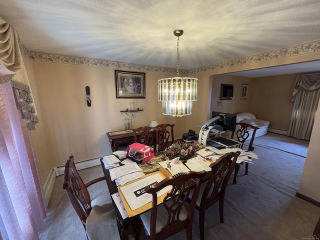 dining space with a textured ceiling, carpet flooring, a baseboard radiator, and a notable chandelier