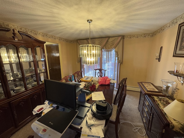 carpeted dining room with baseboard heating, a notable chandelier, and a textured ceiling