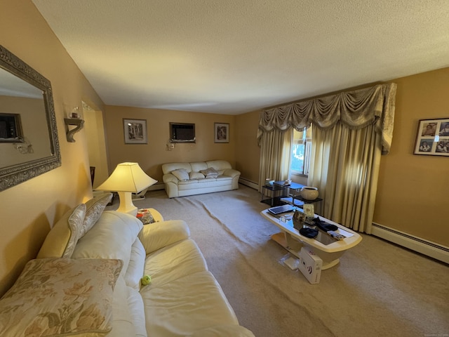 living room with a wall mounted AC, a baseboard heating unit, a textured ceiling, and carpet flooring