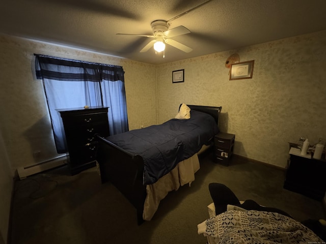 carpeted bedroom featuring a baseboard heating unit, ceiling fan, and a textured ceiling